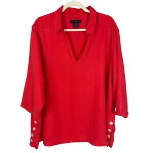 Tahari 100% Linen V-Neck Tunic Top Coral Red Sz 2X Effortless Timeless Vacation